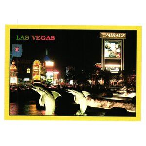 Mirage Casino Marquee Vintage Postcard Dolphin Statues Vegas Strip Night Lights